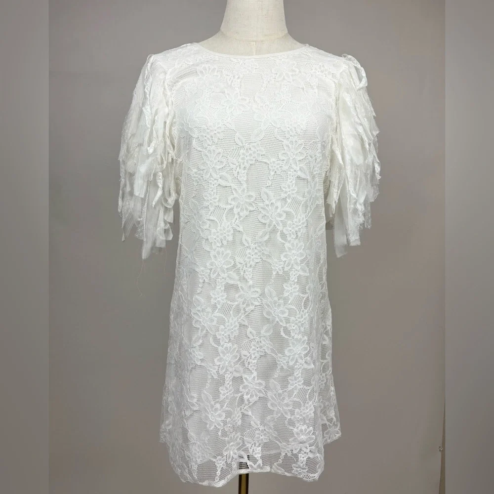Free People Songbird Mini Dress Lace Frilled White M